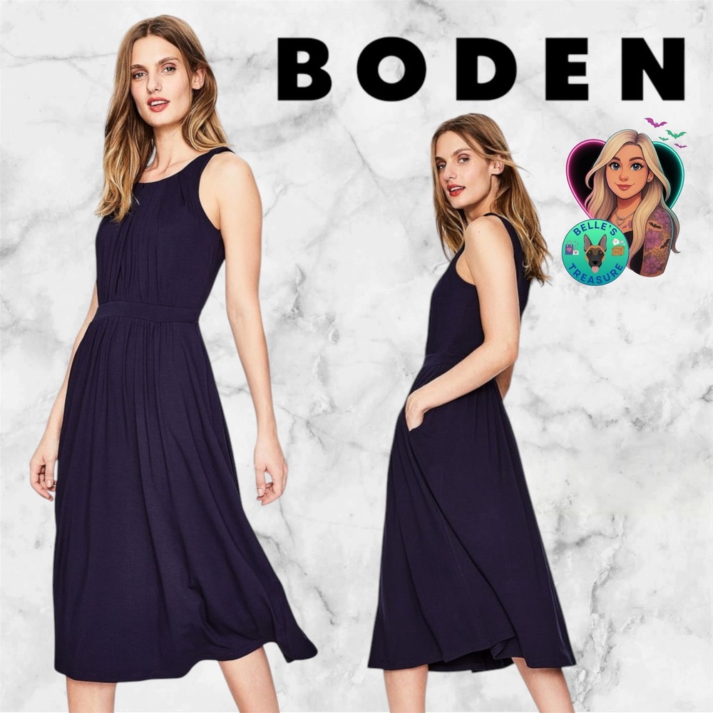 Boden Women's 12 Navy Blue Pleated Jersey Midi Dress Sleeveless Pockets A-line
